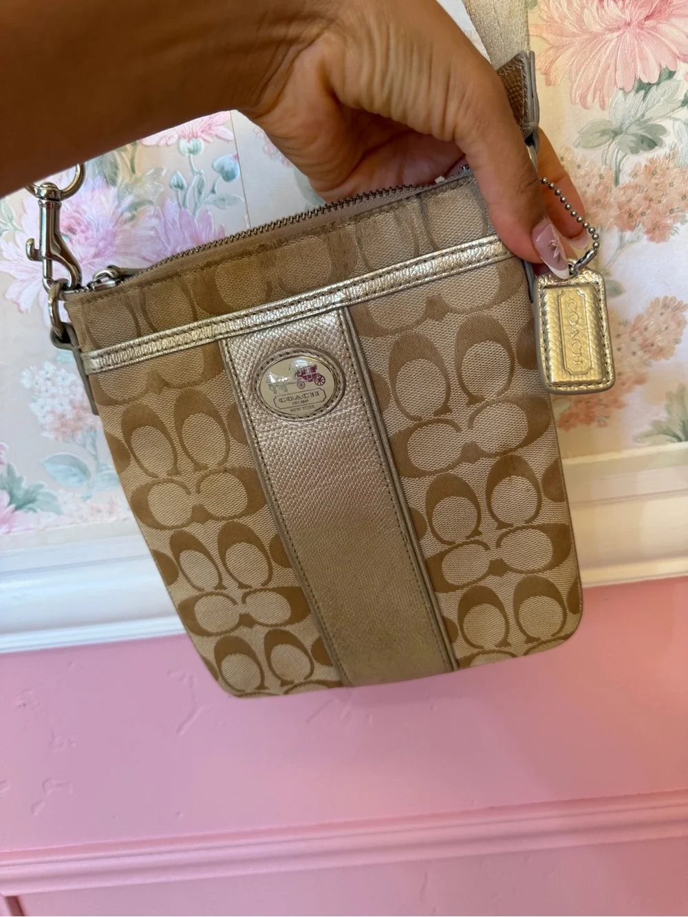 Y2k Coach Signature Jacquard Crossbody in Tan with Metallic Trim